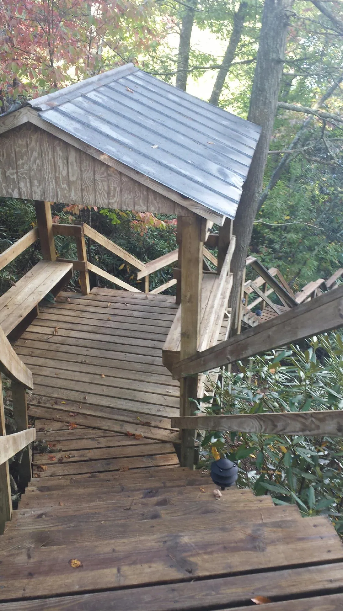 Metal roofed shelter over wooden steps on a wooded walkway — Skylight Repair & Installation work by our crew in Abingdon